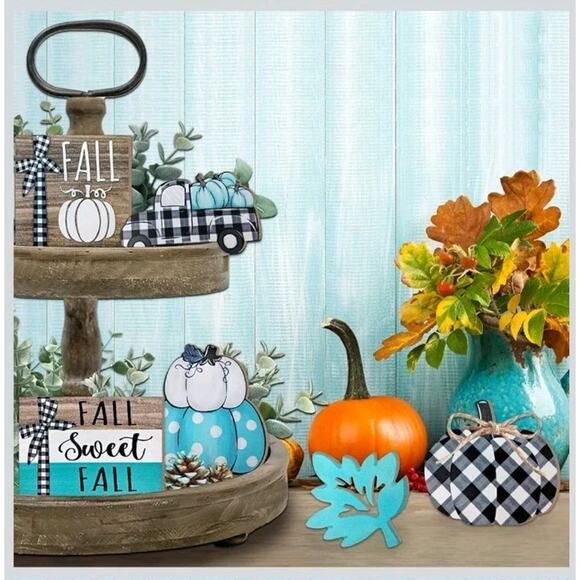 Guoofu Blue Fall Tiered Tray Decor, 6PCS Pumpkin Farmhouse Tray Decorations s32 - Picture 2 of 7